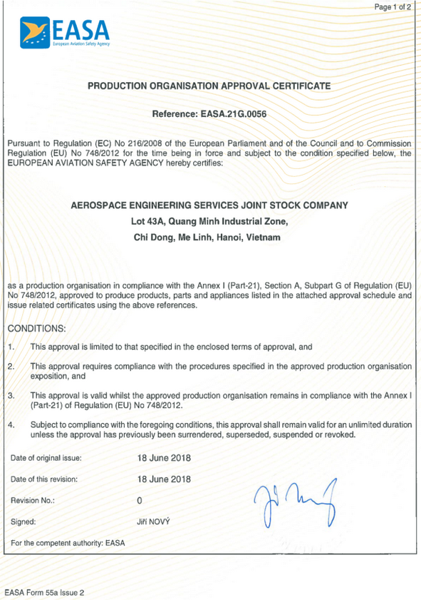 EASA Production Organisation Approval Certificate